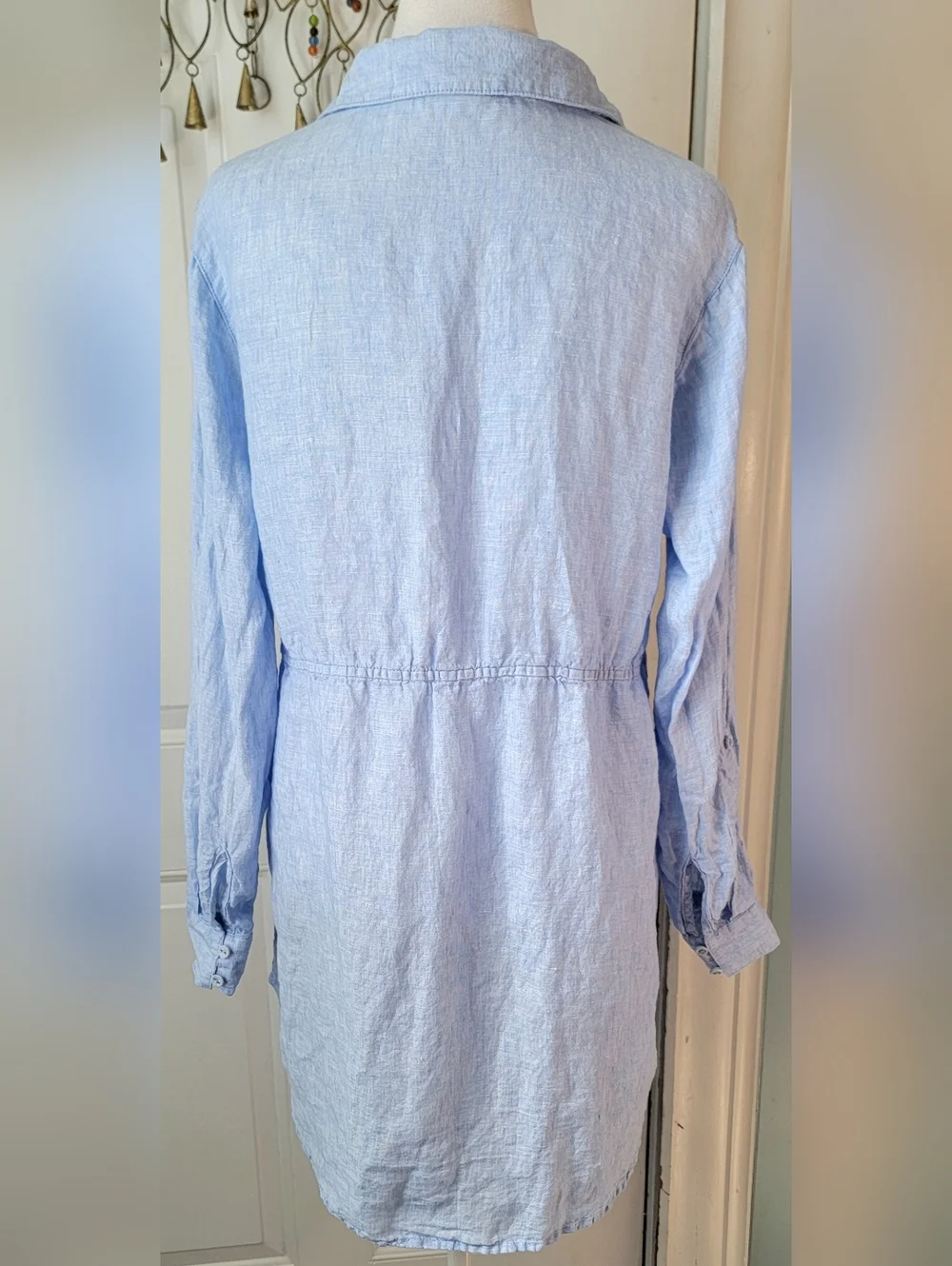 Sigrid Olsen 100% Linen Chambrey 1/2 Button Tunic Womens M Light Blue Roll Tab S - Picture 4 of 11